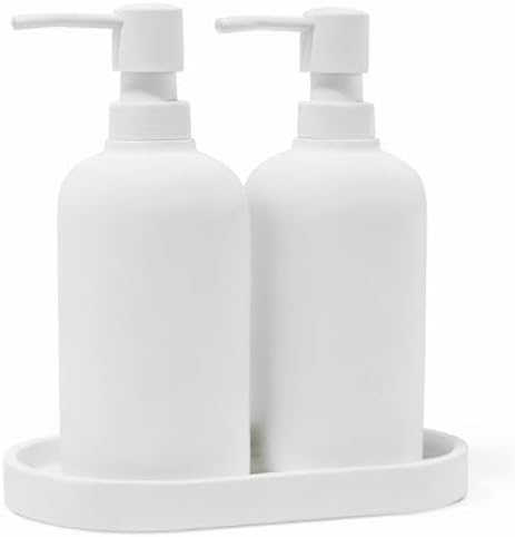 Matte White Round Soap Dispenser Set with Tray for Kitchen, Countertop & Bathroom – 2 Pack 15 oz Refillable Resin Pump Bottle for Dish Soap, Hand Soap, Shampoo, Conditioner – Non-Slip Protective Pads