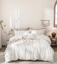 Off White Duvet Cover Queen Size 100% Washed Cotton Bedding Set Cover 1 Duvet Cover Zipper Closure and 2 Pillowcases, 90inch x 90inch