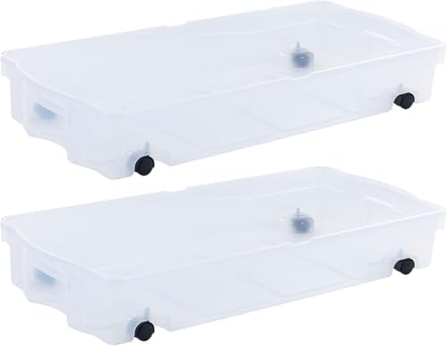 Rubbermaid 68 Quart Under the Bed Low Profile Storage Boxes with Dual Hinged Lids and Easy Rolling Caster Wheels, Clear, 2 Pack
