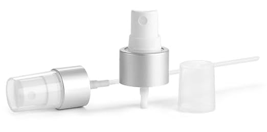 8 oz Clear PET Cosmo Round Bottles w/White Sprayers w/Brushed Aluminum Collars