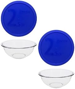 Pyrex 325 (2.5Qt) Bowl & 325-PC Blue Lid (2-Pack) - Made in USA | Clear Glass | BPA-Free Plastic Covers | Round Shape | Food Prep Use | Top Rack Dishwasher Safe | Resists Stains & Odors