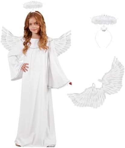 3PCS Kids Angel Costume White Cosplay Robe Dress With Wings and Halo