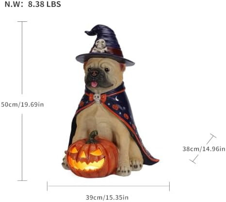 Bulldog Statue Halloween Decoration with LED Pumpkin Lantern