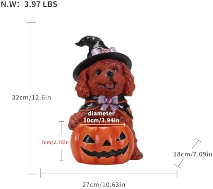 Halloween Dog Decor, Brown Witch Puppy Figurine with Pumpkin Candy Bowl