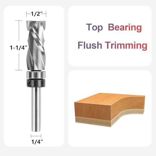 SpeTool Carbide Compression Top Bearing Flush Trim Router Bit 1/4" Shank 1/2" Cutting Diameter Extra Long Spiral Pattern Template Router Bit for Woodworking Edge Trimming