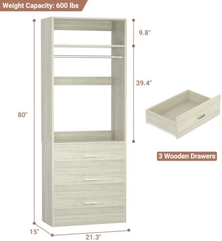 Besiost Freestanding Closet System with 3 Drawers, Wood Closet Organizer