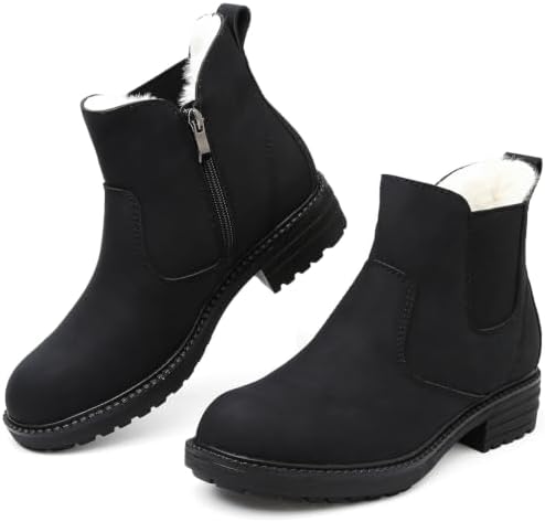 Womens Chelsea Boots Fur Lined Winter Ankle Boots Side Zip Round Toe