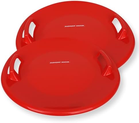 Slippery Racer Heavy-Duty Cold Resistant Downhill Pro Adults and Kids Plastic Outdoor Winter Saucer Disc Snow Sled with Handles-2 Pack (Red-2 Pack)