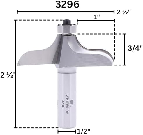 Whiteside 3296 Table Edge Traditional Router Bit: 1 Inch Profile Width, 2-1/2 Inch Large Diameter, 3/4 Inch Cutting Length, 1/2 Inch Shank, 2-1/2 Inch Overall Length, B3 Bearing