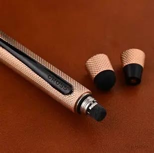 Cross Tech3+ with Sophisticated Brushed Rose Gold Diamond Pattern Finish Barrel, 0.5mm Pencil, Black and Red Ink Refills, Interchangeable Cap Tops in Premium gift box
