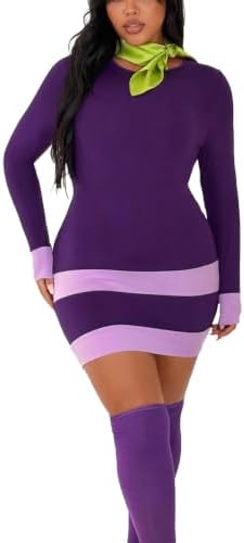 Halloween 3Pcs Womens Plus Size Costume Purple Long Sleeve Mini Dress Classic Cosplay Outfits,Stockings,Green Scarf