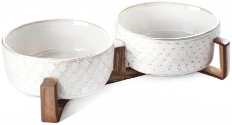 LE TAUCI Dog Bowls Ceramic for Small Medium Dogs - 3-Cup Dual Food & Water Bowl Set with Acacia Wood Stand, Non-Slip Anti-Tip Elevated Design