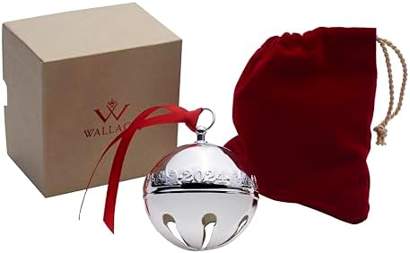 Wallace 2024 Annual Silver-Plated Sleigh Bell Ornament 54th Edition - Snowmen and Log Cabins Design - Handcrafted Collectible with Gift Box, Ribbon, and Velvet Pouch