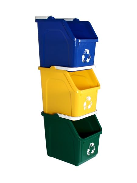 Multi Bin Recycling System with Three Stackable 6 Gallon Recycle Bins for Kitchen Use – Recycling Trash Can Set for Office, Garage, Businesses (3 Pack, Blue/Yellow/Green)