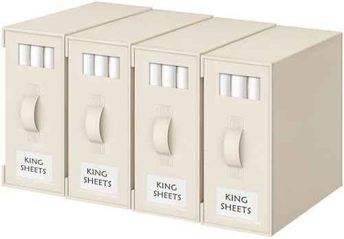 Criusia Bed Sheet Organizers and Storage, 4 Pack Foldable Linen Closet Organizers – Bedding Holder for Sheet Set (King/Queen Sizes), Duvet Covers, Blankets (Beige)