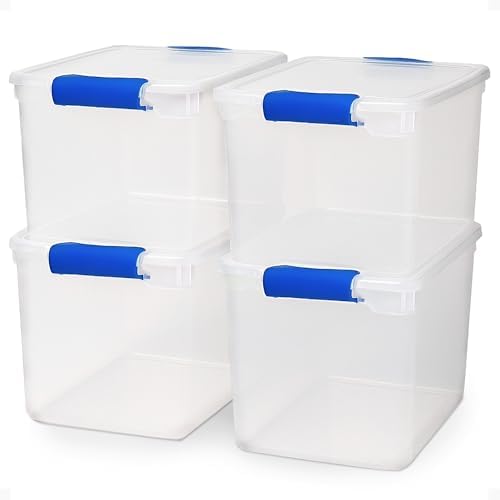 HOMZ Clear Plastic Storage Bins with Latching Lids, 31 Qt, Blue, 4 Pack