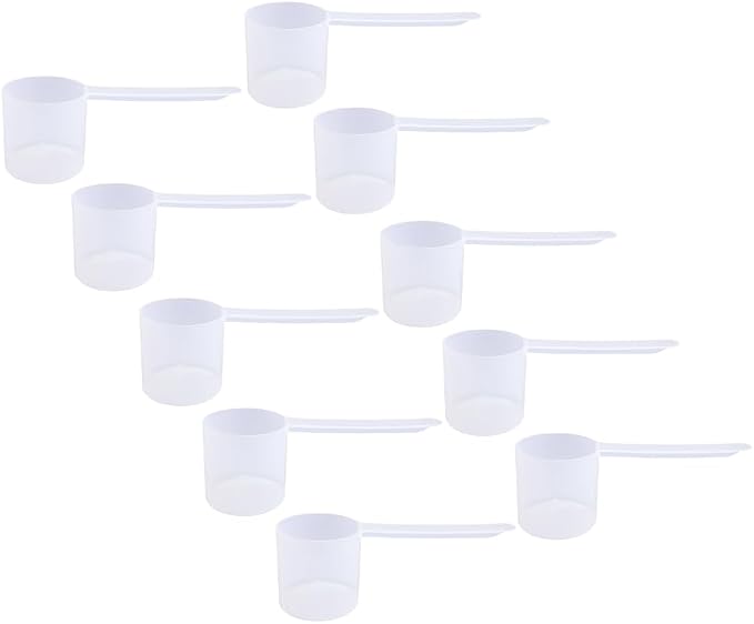 70cc Long Handle Measuring Scoop (4.73 Tbsp / 2.37 oz / 70mL) - Heavy-Duty Plastic Spoon for Powders, Protein, Coffee, and Baking, 10-Pack