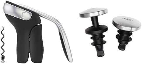 OXO SteeL Vertical Lever Corkscrew with Removable Foil Cutter,Black/Silver,2.1 & SteeL Expanding Leakproof Wine Stopper, (2 Pack)