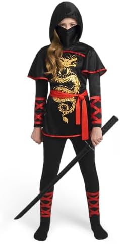 Spooktacular Creations Black and Red Ultimate Ninja Dragon Costume Set for kids, Girls, Halloween Dress Up