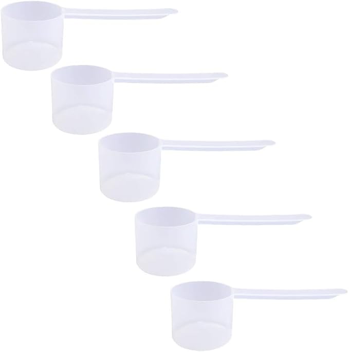 48cc Long Handle Measuring Scoop (48mL) - Heavy-Duty Plastic Spoon for Powders, Protein, Coffee, and Baking, 5-Pack