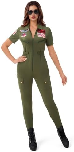 Spooktacular Creations Fighter Pilot Bodysuit Women, Womens Halloween Costumes 2026, Green Pilot Air Force Costume for Cos