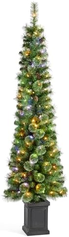 Glitzhome 6ft Prelit Artificial Christmas Tree, Green Cashmere Pine Christmas Porch Tree with pinecones,272 Pine&PVC Branch Tips,130 Warm White/Multi-Color Lights,9 Function w/Remote Control