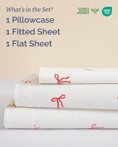 Christmas Sheet Set, Dainty Red Bows, Holiday Xmas Bedding Set - Twin Size