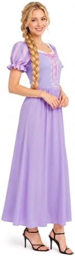 Rapunzel Costume Women Printed Purple Princess Dress Puff Sleeves Twirl Skirt Gown Halloween Cosplay Party Dress