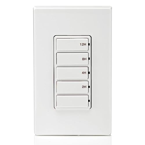 Leviton Countdown Switch for lights, attic, heaters, pool pumps, 2-4-8-12 hour, Neutral Wire Required, 20A, 1 HP/16A Fan/Motor, Single Pole, Multi-Way or Multi-Timer, DT212-1LW, White