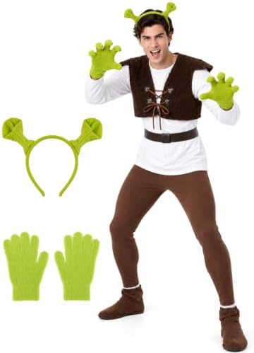 Adult Green Monster Costume Set with Ears Headband Gloves for Halloween