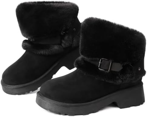 Furry Winter Boots for Women Block Heels Platform Buckle Slip On