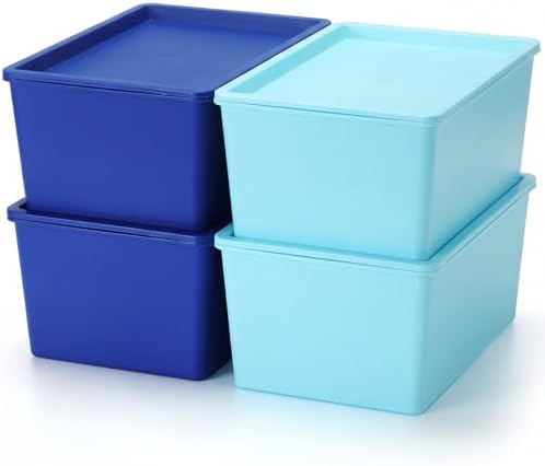 Menkxi 4 Pcs Storage Bins with Lids, Dark Blue, Light Blue, Large