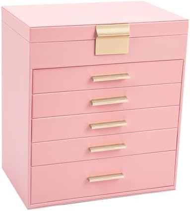 BOOVO Jewelry Boxes for Women, White and Black 6 Layer Large Jewelry Box for Necklace, Bracelet, Earrings, Rings Storage, Jewelry holder Organizer for Girls Gift (Pink, 6 layer)