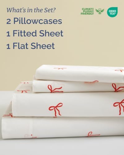 Christmas Sheet Set, Dainty Red Bows, Holiday Xmas Bedding Set - King Size