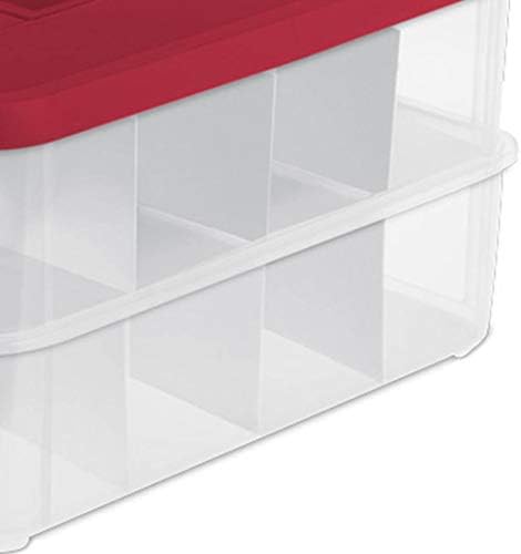 Sterilite 1427 Stack & Carry 2 Layer 24 Ornament Storage Box, Red Lid and Handle, See-through layers