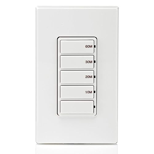Leviton Countdown Switch for bathroom household lights, 10-20-30-60 min, Neutral Wire Required, 20A, 1HP/16A Fan/Motor, Single Pole, Multi-Way or Multi-Timer, DT260-1LW, White