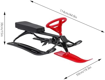 Snow Sled, Baby Sled with Steering Wheel Double Brakes, Durable Steel Frame Ice Fishing Sled for Skiing, Ice Skating, and Sand Skiing, can Bear 220 Lbs, Black+Red
