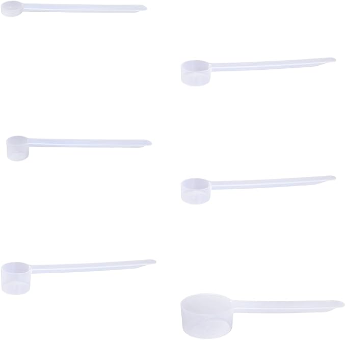 Long Handle Measuring Scoops Set (0.625cc, 1.25cc, 2.5cc, 5cc, 7.5cc, 14.8cc) - Heavy-Duty Plastic Spoons for Powders, Supplements, and Spices, 6-Pack