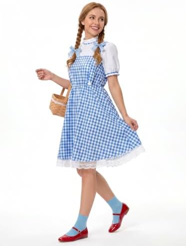 Halloween Costume Women Blue Gingham Dress With Basket Full Set