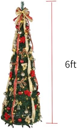 VINGLI 6ft Pre lit Pop Up Christmas Tree with Lights, Pre-Decorated Artificial Pencil Xmas Tree Collapsible Christmas Tree Holiday Party Decorations (Red&Gold)