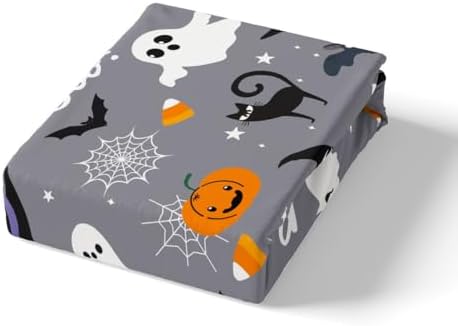 Halloween Theme Sheet Set Kids Boys Girls Pumpkin Lantern Fitted Sheets Set Full Size Owl Cat Ghost Bedding Sheet Sets Includes 1 Flat Sheet,1 Fitted Sheet,2 Pillowcases