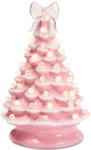 Best Choice Products 15in Ceramic Christmas Tree, Pre-lit Hand-Painted Tabletop Pinkmas Holiday Tree, Star Topper, 64 Lights - Pink w/White Bulbs