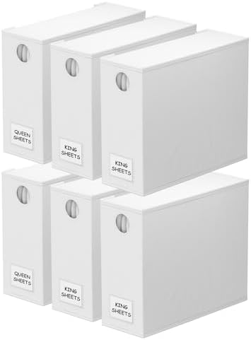 SpaceAid 6 Pack Bed Sheet Organizers and Storage, Foldable Sheet Organizer for Linen Closet, Sheets Set Folder Keeper with Window XL (Queen & King Size) Bedding Container, (White, 6 Pack)