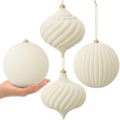 Civaner 4 Pcs Large Velvet Christmas Ball,6 Inch,Cream White