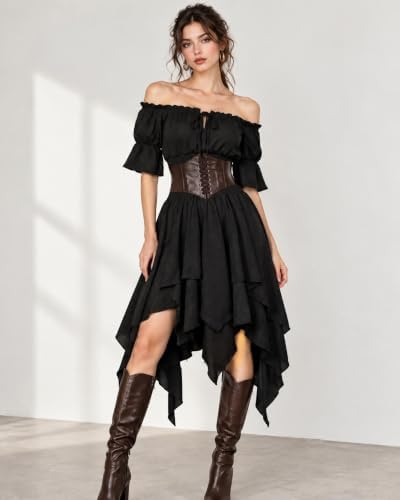 8 Pcs Pirate Costume Women Renaissance Dress Set, Medieval Pirate Outfit for Women with Corset Belt and Accessories