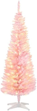 HOMCOM 5' Tall Pre-Lit Slim Artificial Pencil Christmas Tree 294 Tips Pink