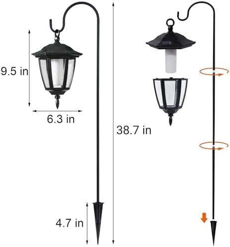 Dynaming 2 Pack Solar Halloween Flame Hanging Lights Outdoor, Flickering Flame LED Garden Lanterns with 2x38 Inch Shepherd Hooks, Landscape Lighting Waterproof for Lawn Yard Pathway Driveway, Purple