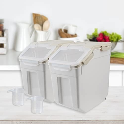 4 Pack Grain Food Storage Container, 20LB Airtight Rice Bin Storage Bucket with Spoon and Measuring Cup, Large Flour Dispenser Container Set 80LB Total Capacity, Grey