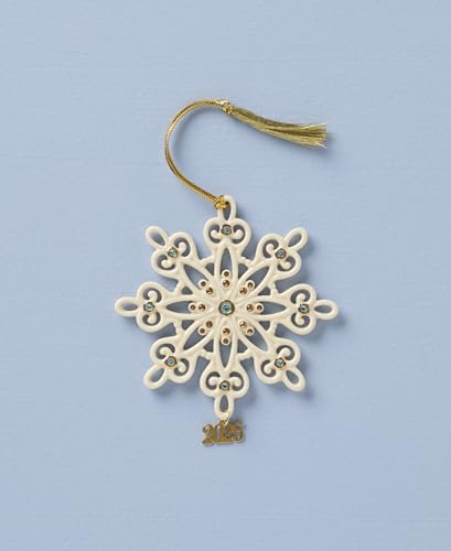 Lenox Ornament, 2025 Gemmed Snowflake Ornament, Porcelain with Gold Accents and Blue Gemstones, Christmas Tree Decorations, Christmas Decoration, Gold Cord for Hanging Included (Cream, 1 Piece)