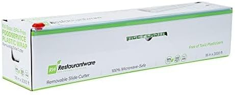 Restaurantware RW Base 18 Inch x 2000 Feet Cling Wrap 1 Roll Microwavable Cling Film - With Removable Slide-Cutter Clear Plastic Food Wrapping Film Securely Seal And Keep Food Fresh